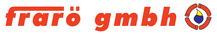 Logo der Firma Frarö GmbH, Roter Schriftzug, Flamme in Rotem Kreis